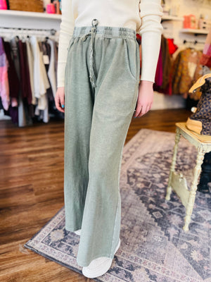 Faded Olive Terry Knit Wide Leg Bottoms