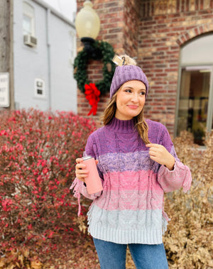 Multi Color Cable Knit Sweater w/ Fringe Detail