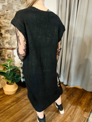 Black Midi Distressed Sweater Vest Dress