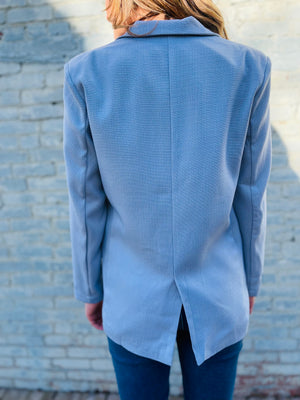 Light Blue Woven Blazer With Front Pockets