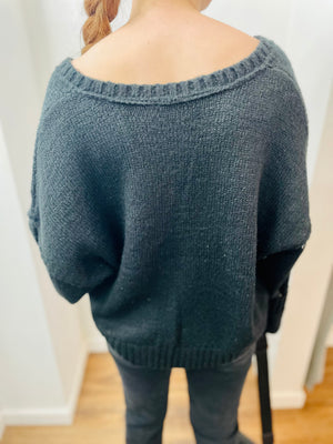 Black Drop Shoulder Relaxed Crop Sweater