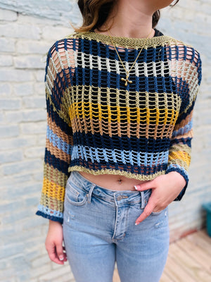 Striped Crochet Cropped Sweater - Multi