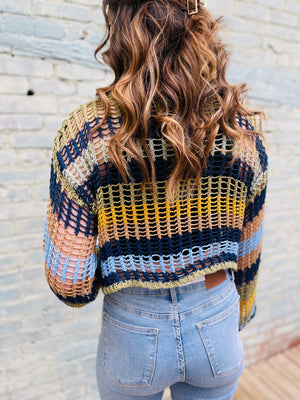 Striped Crochet Cropped Sweater - Multi
