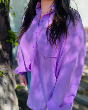 Textured Oversized Button Front Shirt - Lavender