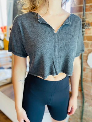 Waffle Knit Cropped Top - Black