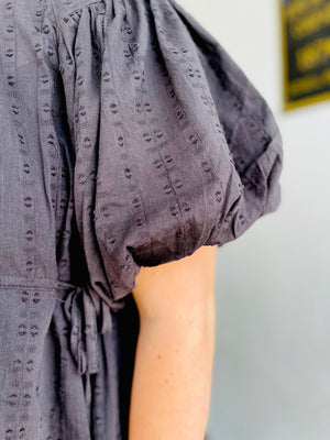 Textured Puff Sleeve Dress w/ Adjustable Tie - Black