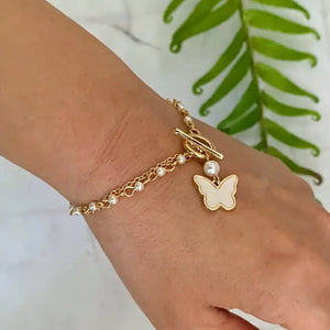 Gold Layered Pearl Chain Butterfly Bracelet