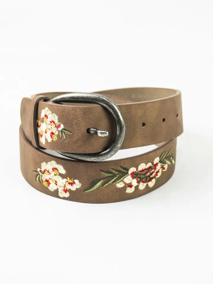 Hibiscus Embroidered Bohemian Belt - Mocha
