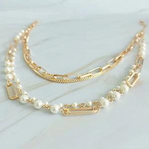 Gold + Pearl Layered Clip Chain Necklace