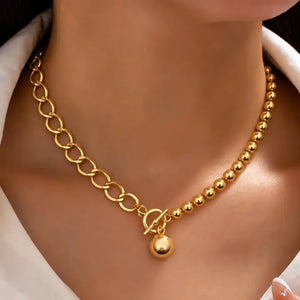Gold Link & Round Bead Pendant Necklace