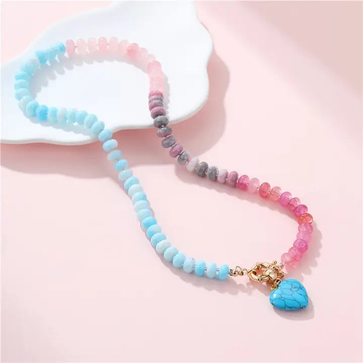 Blue + Pink Natural Stone Necklace w/ Turquoise Heart Charm