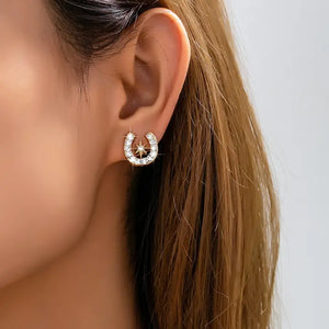 Gold Crystal Horseshoe Star Stud Earrings