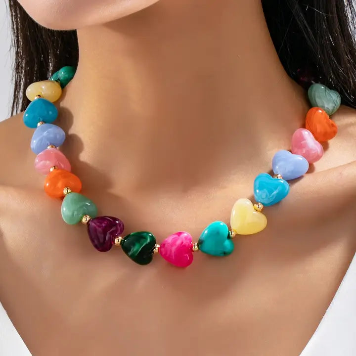 Multi Color Resin Heart Bead Necklace