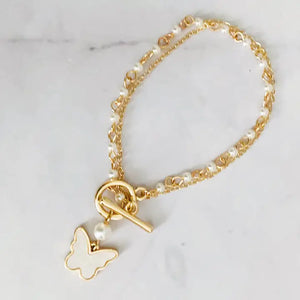 Gold Layered Pearl Chain Butterfly Bracelet