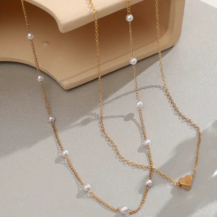 18K Stainless Steel Heart + Pearl Layered Necklace