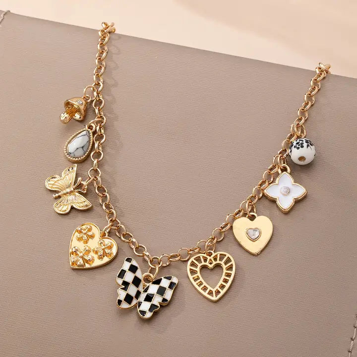 Checker Butterfly & Hearts Charm Necklace