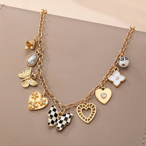 Checker Butterfly & Hearts Charm Necklace