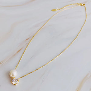 Gold Single Pearl + Diamond Necklace