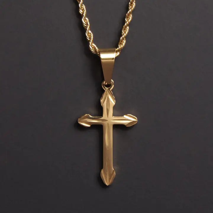 Gold Plated Cross Necklace For Men w/ Rope Chain