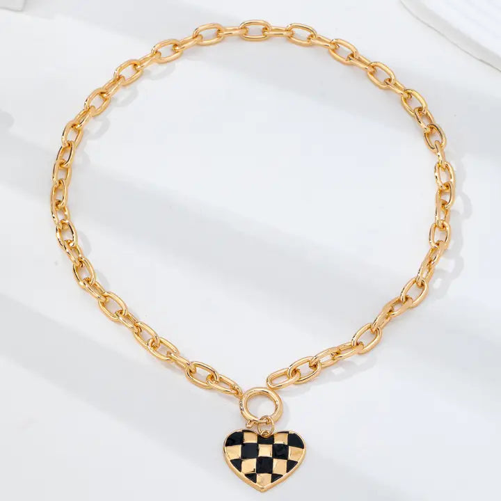 Gold Checkered Heart Toggle Necklace
