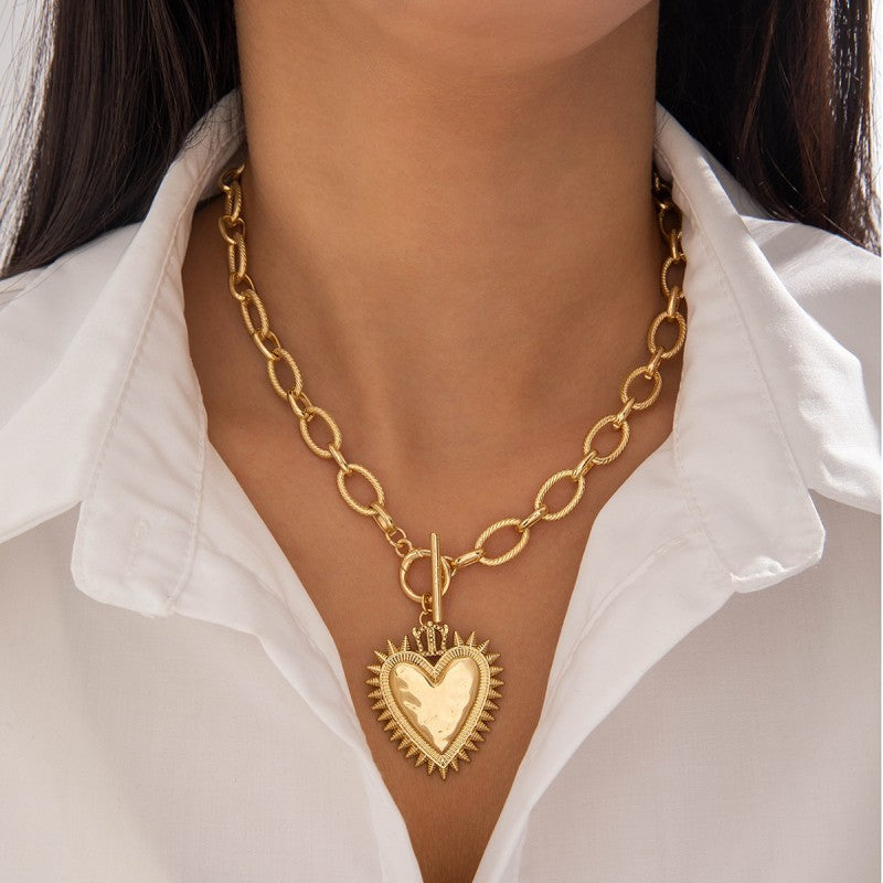 Gold Spiked Heart Chunky Toggle Necklace