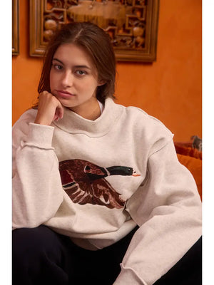 Bucketlist Grey Mallard Embroidered Mock Neck Sweatshirt