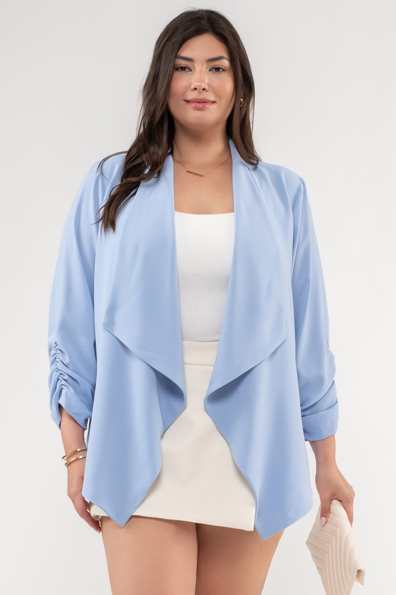 Plus Size Chambray Rouched Sleeve Blazer