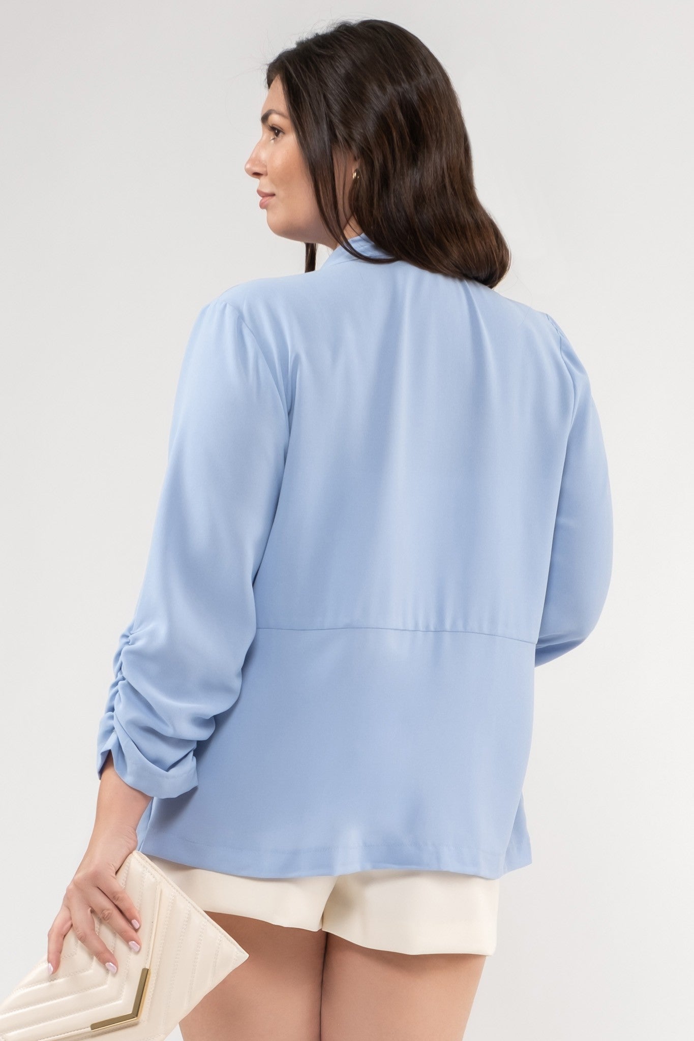 Plus Size Chambray Rouched Sleeve Blazer