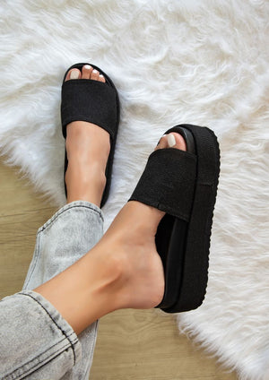Platform Woven Slip On Sandal - Black