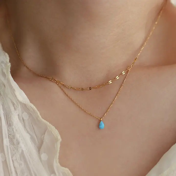 Blue Teardrop Glitter Layered Necklace