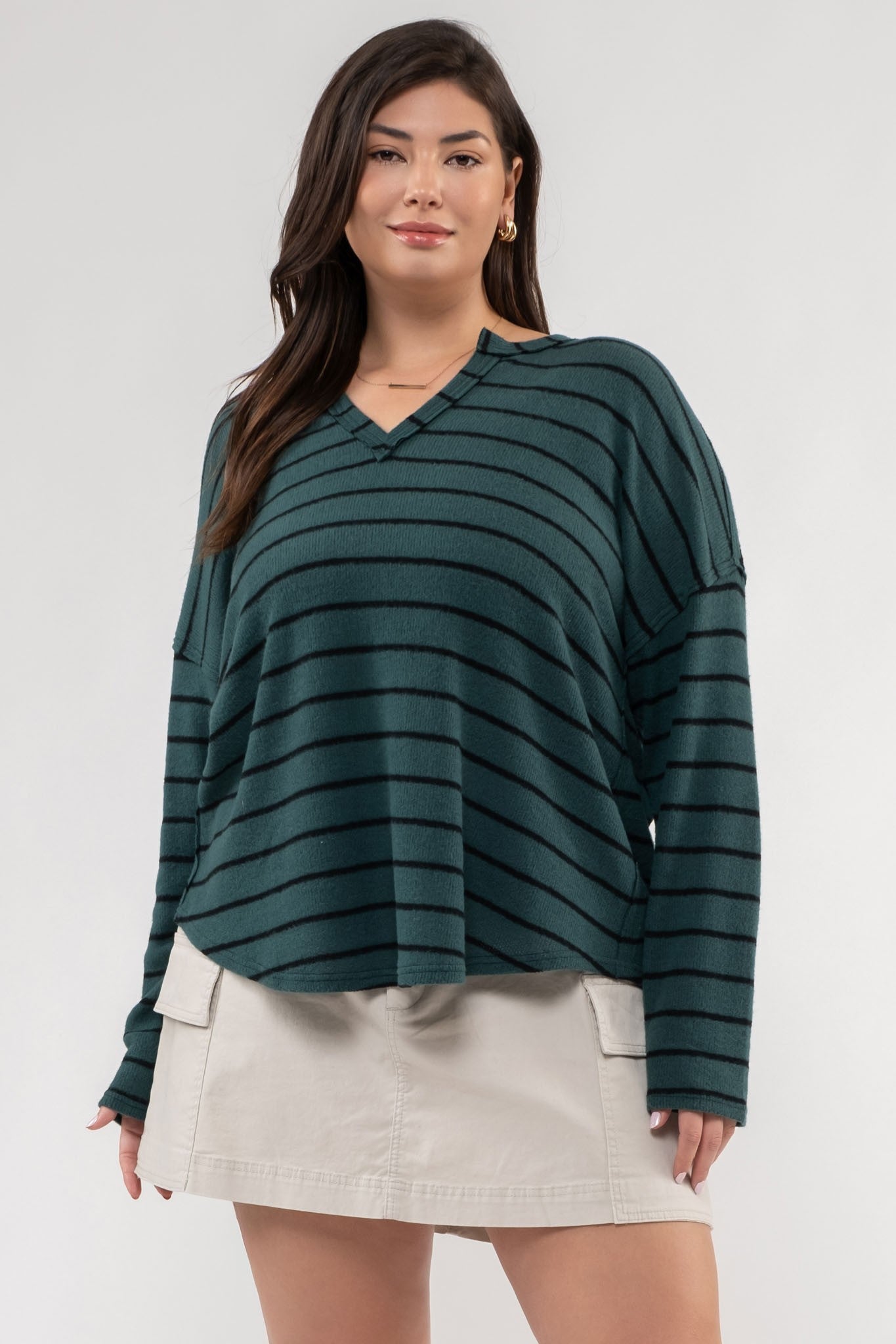 Striped Exposed Seam V-Neck Knit Top