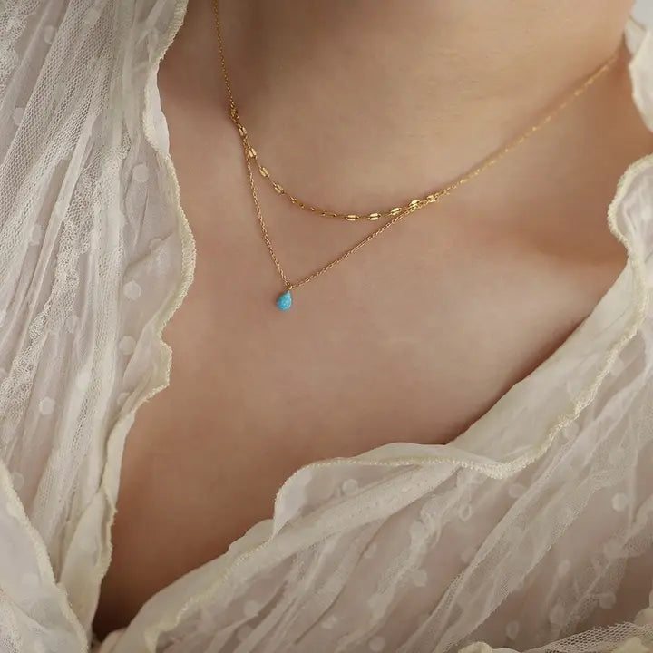 Blue Teardrop Glitter Layered Necklace