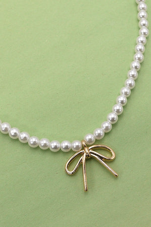 Pearl Chain Bow Charm Necklace