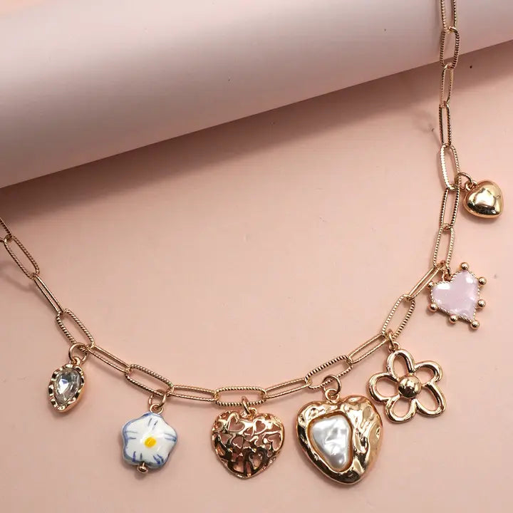 Charm Necklace - Heart + Flower