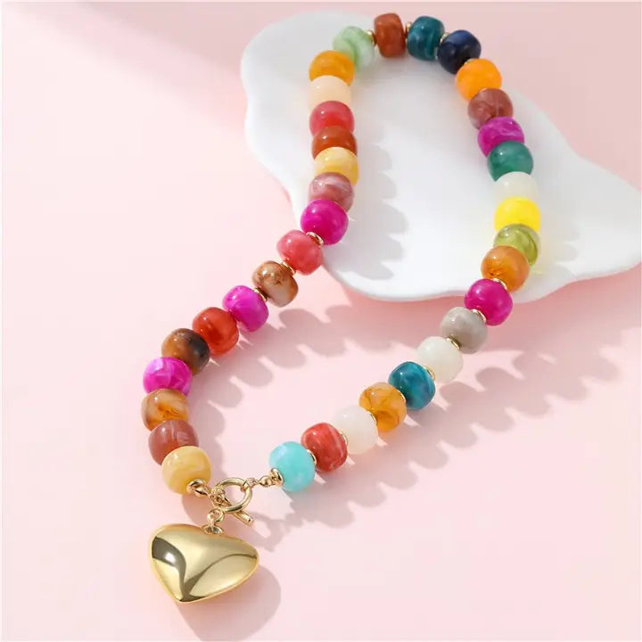 Vibrant Beaded Heart Charm Toggle Necklace