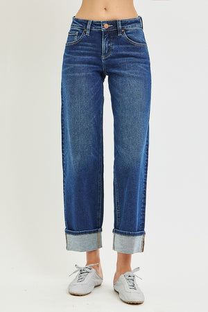 Risen Plus Dark Wash Low Rise Slouchy Boyfriend Jeans W/  Cuffed Hem