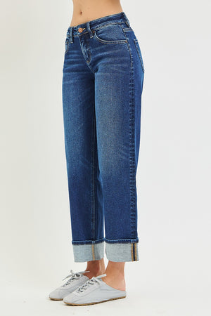 Risen Plus Dark Wash Low Rise Slouchy Boyfriend Jeans W/  Cuffed Hem