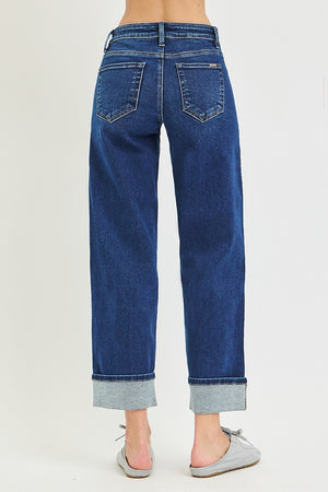 Risen Plus Dark Wash Low Rise Slouchy Boyfriend Jeans W/  Cuffed Hem