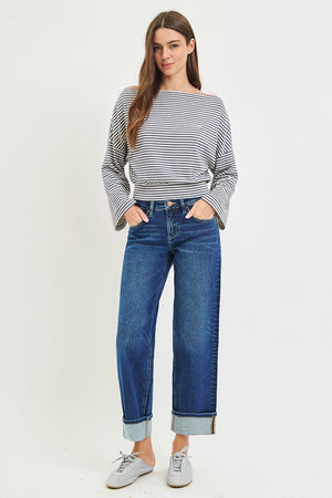 Risen Plus Dark Wash Low Rise Slouchy Boyfriend Jeans W/  Cuffed Hem