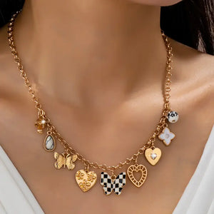 Checker Butterfly & Hearts Charm Necklace