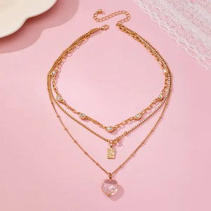 Multi Layered Rhinestone Heart Charm Necklace