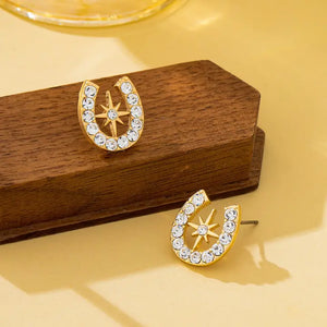 Gold Crystal Horseshoe Star Stud Earrings