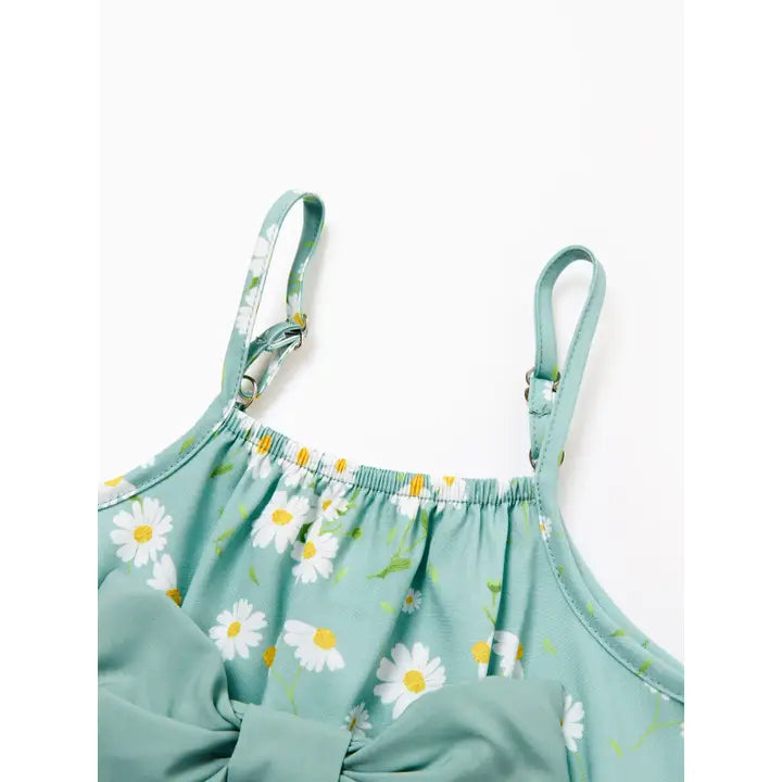 Baby Green Floral Print Bow Romper