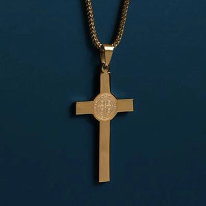 Mens St. Benedict Gold Cross Necklace