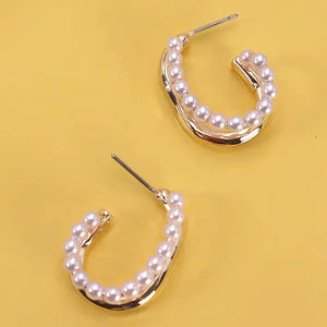 Gold Pearl U Shape Hoop Earrings