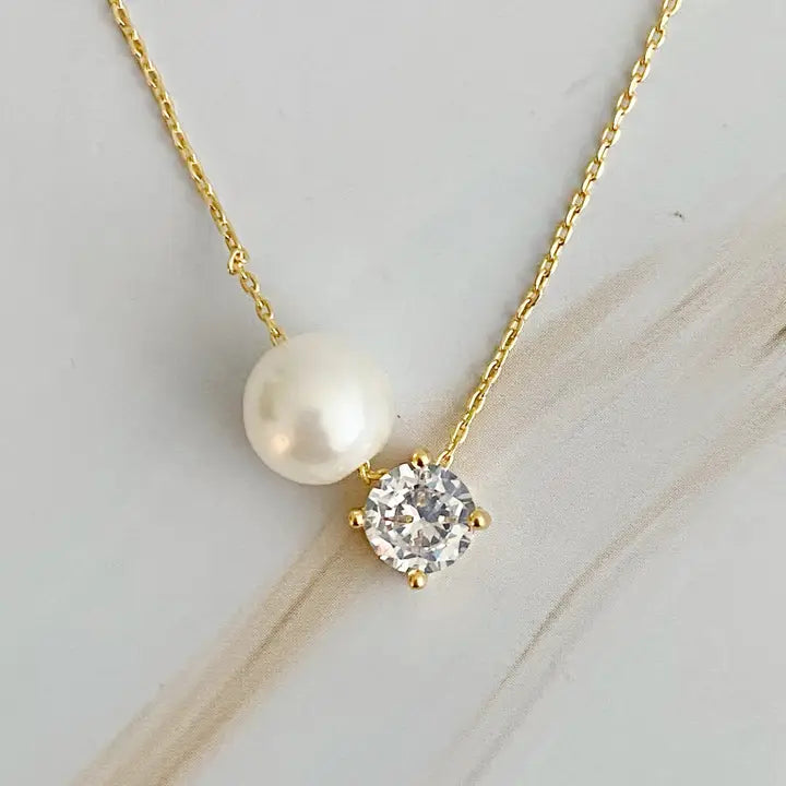 Gold Single Pearl + Diamond Necklace