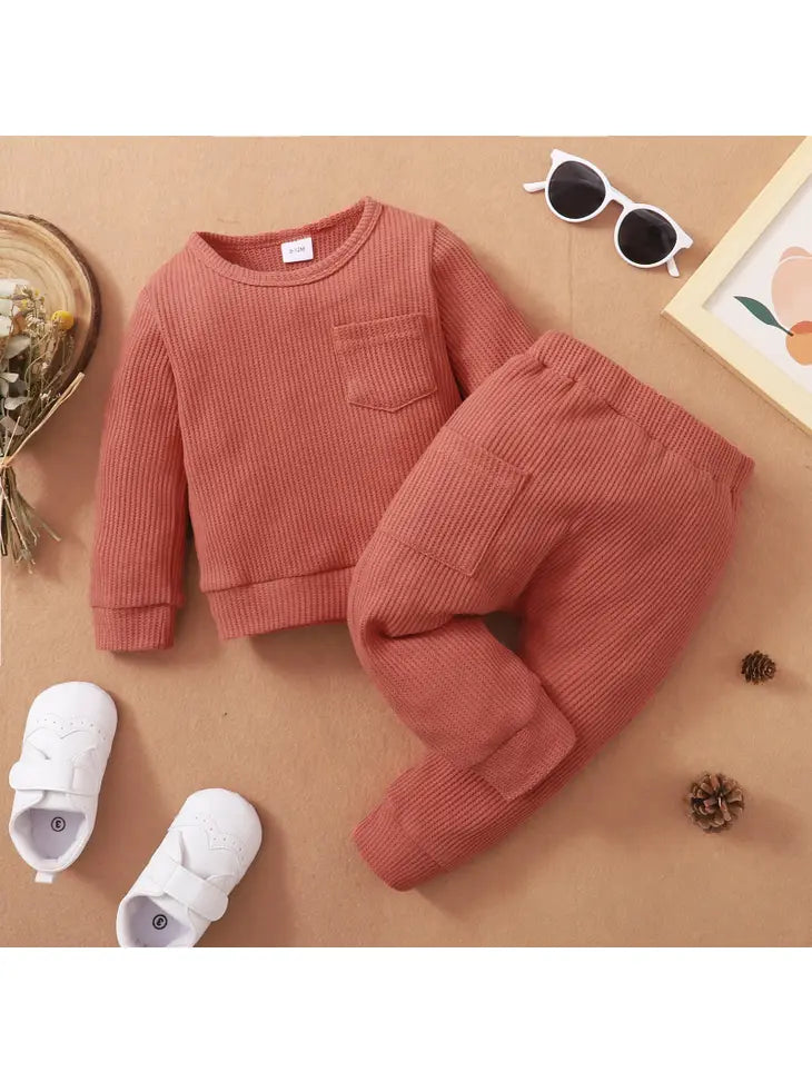 Baby 2pcs Cotton Waffle Solid Long-sleeve Pullover Set Coral