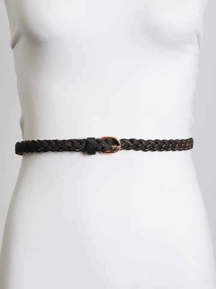 Faux Leather Skinny Braided Belt - Black