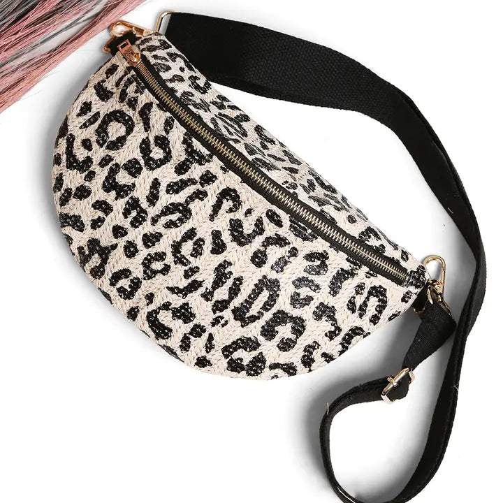 Black Woven Leopard Belt Bag