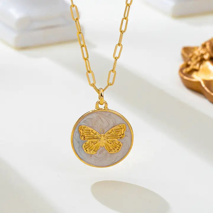 Gold Paperclip Chain Butterfly Enamel Pendant Necklace